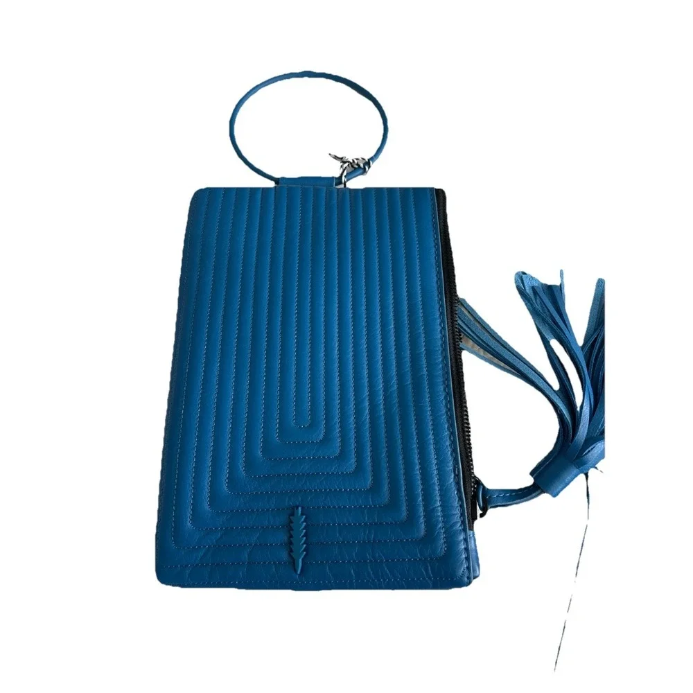 THACKER‎ Nolita Cobalt Blue Leather Purse Crossbody Ring Tassel Chain Quilt NWOT